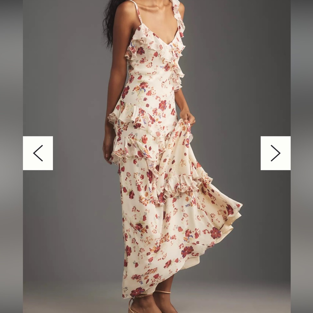 Anthropologie floral ruffle maxi dress cream and white size 10